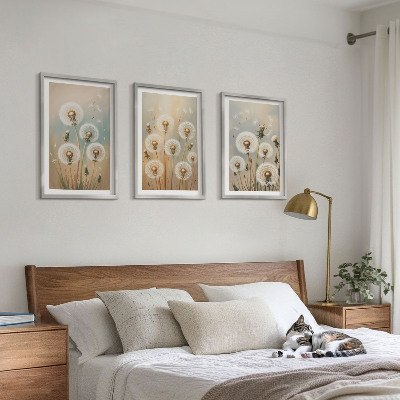 3 paveikslų rinkinys su rėmais Pastelinės kiaulpienių gėlės
