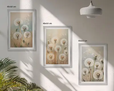 Pastelinės kiaulpienių gėlės 3 paveikslų rinkinys su rėmais