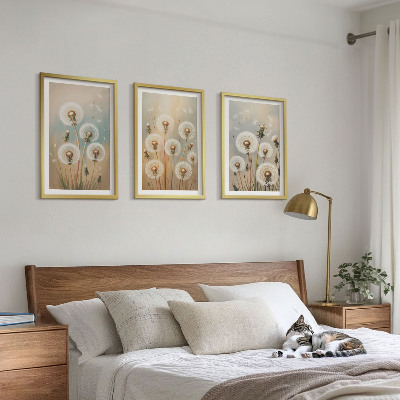 3 paveikslų rinkinys su rėmais Pastelinės kiaulpienių gėlės
