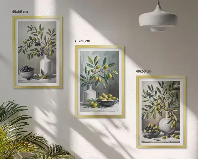 3 paveikslų rinkinys su rėmais keraminės alyvuogės pilkos spalvos