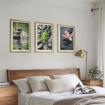 3 paveikslų rinkinys su rėmais Rami dzeniška gėlių ir vandens kompozicija