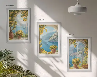 3 paveikslų rinkinys su rėmais jūros peizažai su citrinomis ir langais