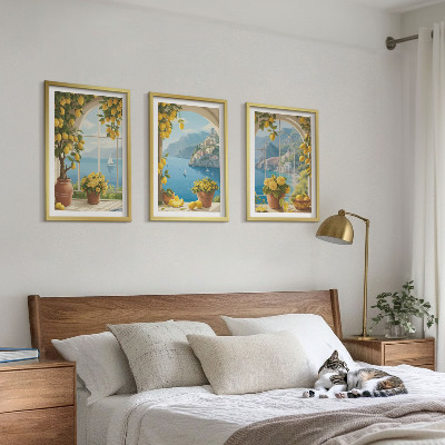 3 paveikslų rinkinys su rėmais Jūros peizažai, citrinos, langai