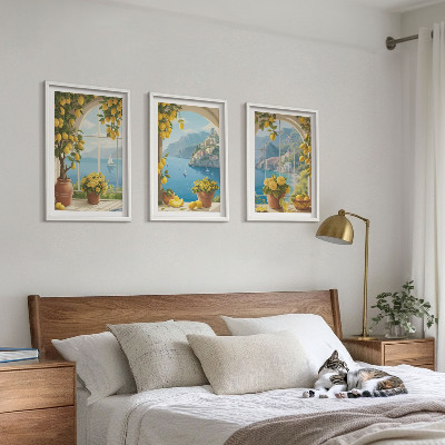 3 paveikslų rinkinys su rėmais Jūros peizažai, citrinos, langai