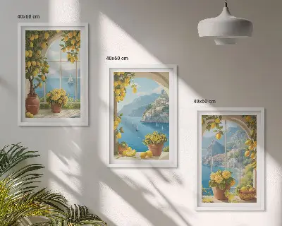 3 paveikslų rinkinys su rėmais jūros peizažai su citrinomis ir langais