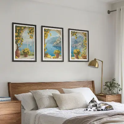 3 paveikslų rinkinys su rėmais jūros peizažai su citrinomis ir langais