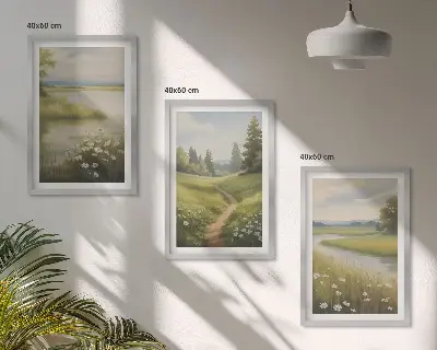 3 paveikslų rinkinys su rėmais pavasario peizažas su upe ir pieva