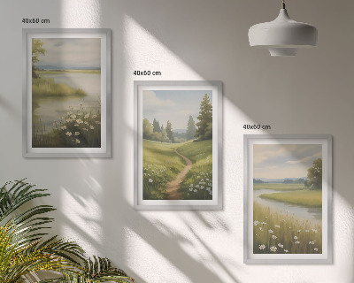3 paveikslų rinkinys su rėmais Pavasario peizažo upės pieva