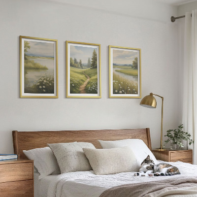 3 paveikslų rinkinys su rėmais Pavasario peizažo upės pieva