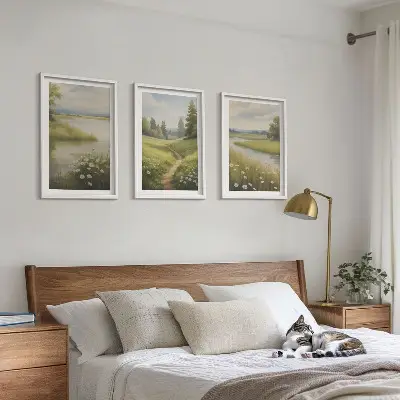 3 paveikslų rinkinys su rėmais pavasario peizažas su upe ir pieva