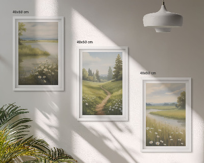 3 paveikslų rinkinys su rėmais Pavasario peizažo upės pieva