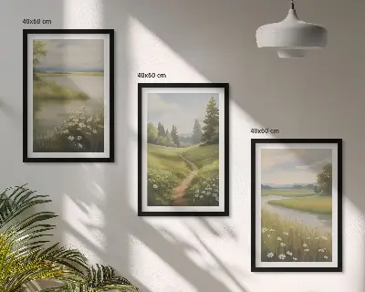 3 paveikslų rinkinys su rėmais pavasario peizažas su upe ir pieva