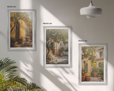3 paveikslų rinkinys su rėmais Saulėtos terasos citrusinių vaisių vazonai
