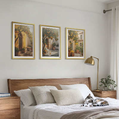 3 paveikslų rinkinys su rėmais Saulėtos terasos citrusinių vaisių vazonai