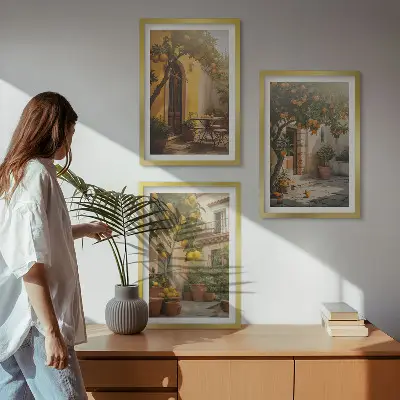 Saulėtų terasų citrusinių vaisių vazonų paveikslų rinkinys 3 dalių kompozicija su rėmais