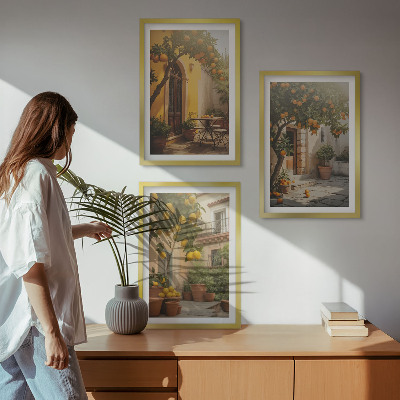 3 paveikslų rinkinys su rėmais Saulėtos terasos citrusinių vaisių vazonai