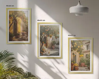 Saulėtų terasų citrusinių vaisių vazonų paveikslų rinkinys 3 dalių kompozicija su rėmais