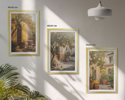 3 paveikslų rinkinys su rėmais Saulėtos terasos citrusinių vaisių vazonai