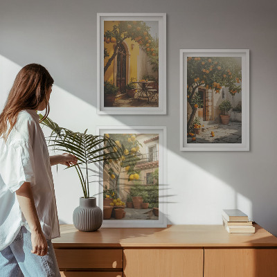 3 paveikslų rinkinys su rėmais Saulėtos terasos citrusinių vaisių vazonai