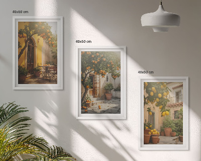 3 paveikslų rinkinys su rėmais Saulėtos terasos citrusinių vaisių vazonai