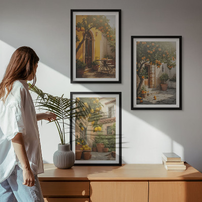 3 paveikslų rinkinys su rėmais Saulėtos terasos citrusinių vaisių vazonai