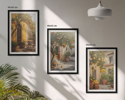 3 paveikslų rinkinys su rėmais Saulėtos terasos citrusinių vaisių vazonai