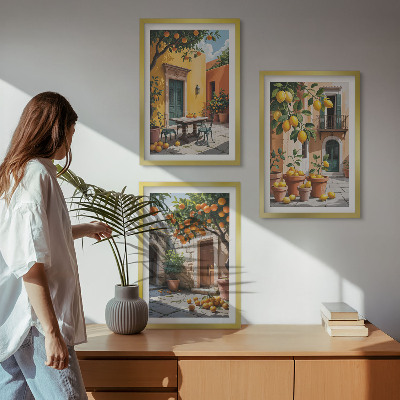 3 paveikslų rinkinys su rėmais Citrusiniai vaisiai sode