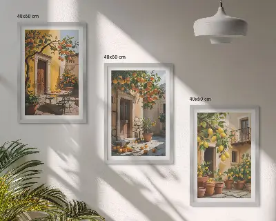 3 paveikslų rinkinys su rėmais citrusinių vaisių ir augalų motyvais