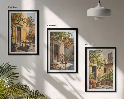 3 paveikslų rinkinys su rėmais citrusinių vaisių ir augalų motyvais