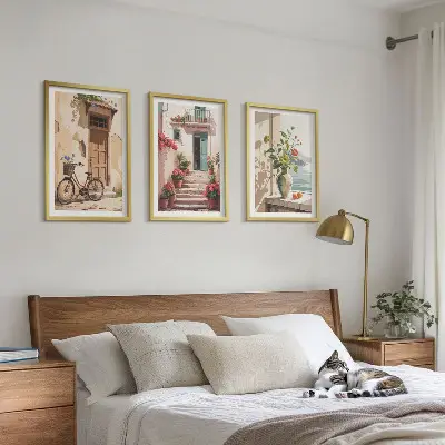 Gatvės, gėlės ir dviračiai 3 paveikslų rinkinys su rėmais