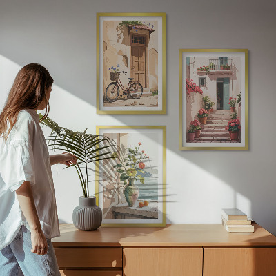 3 paveikslų rinkinys su rėmais Gatvės, gėlės ir dviračiai