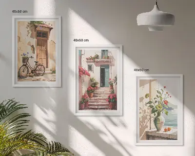 Gatvės, gėlės ir dviračiai 3 paveikslų rinkinys su rėmais