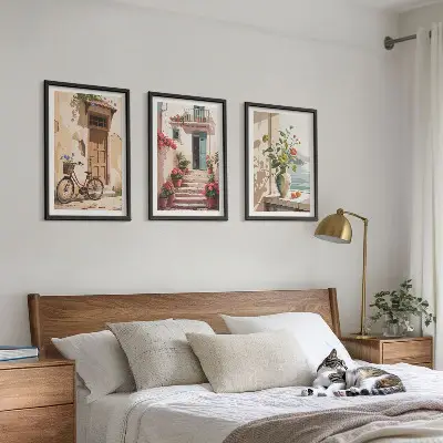 Gatvės, gėlės ir dviračiai 3 paveikslų rinkinys su rėmais
