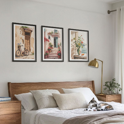 3 paveikslų rinkinys su rėmais Gatvės, gėlės ir dviračiai