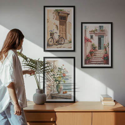3 paveikslų rinkinys su rėmais Gatvės, gėlės ir dviračiai