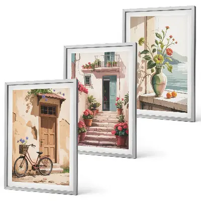 Gatvės, gėlės ir dviračiai 3 paveikslų rinkinys su rėmais