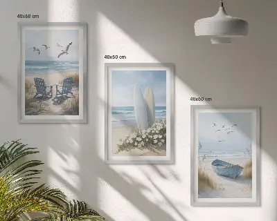 Įrėmintas triptikas paplūdimio banglenčių ir paukščių motyvais