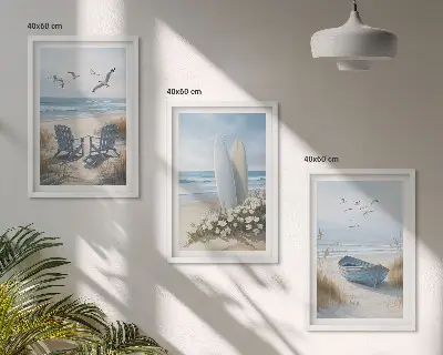 Įrėmintas triptikas paplūdimio banglenčių ir paukščių motyvais