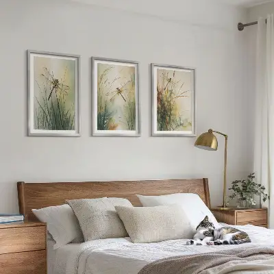 Laumžirgių žolės virš vandens 3 paveikslų rinkinys su rėmais