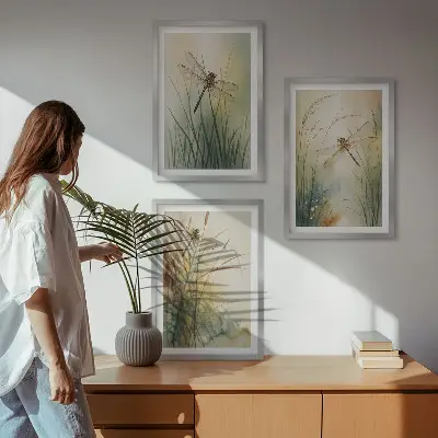 Laumžirgių žolės virš vandens 3 paveikslų rinkinys su rėmais