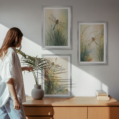 3 paveikslų rinkinys su rėmais Laumžirgių žolės virš vandens