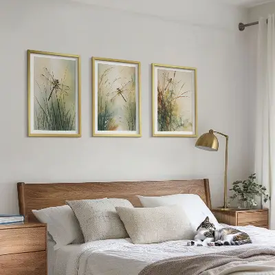 Laumžirgių žolės virš vandens 3 paveikslų rinkinys su rėmais