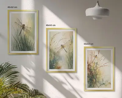 Laumžirgių žolės virš vandens 3 paveikslų rinkinys su rėmais