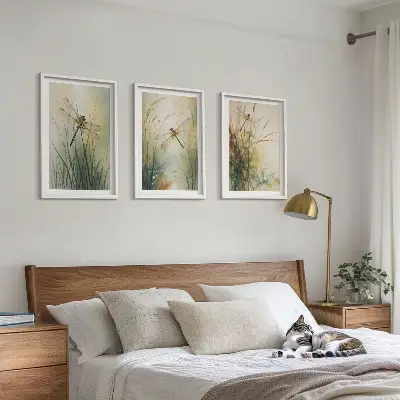 Laumžirgių žolės virš vandens 3 paveikslų rinkinys su rėmais