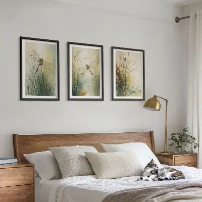 Laumžirgių žolės virš vandens 3 paveikslų rinkinys su rėmais