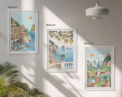 Įrėmintas triptikas peizažai su jūra ir citrusiniais vaisiais