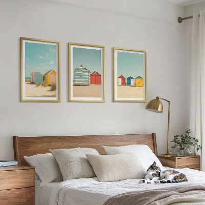 3 paveikslų rinkinys su rėmais Spalvingi namai, paplūdimys, saulė