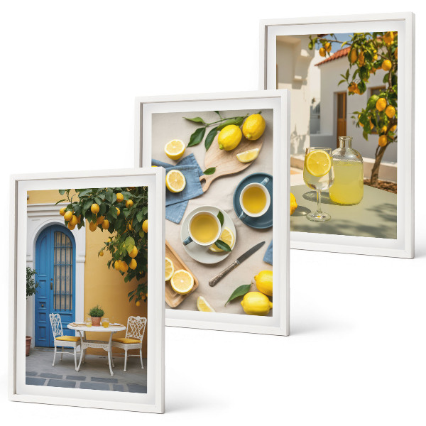 3 paveikslų rinkinys su rėmais Citrinų limonado mėlynos durys