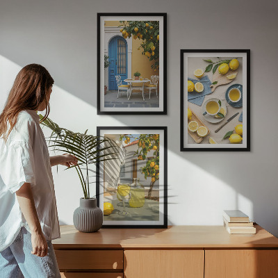 3 paveikslų rinkinys su rėmais Citrinų limonado mėlynos durys