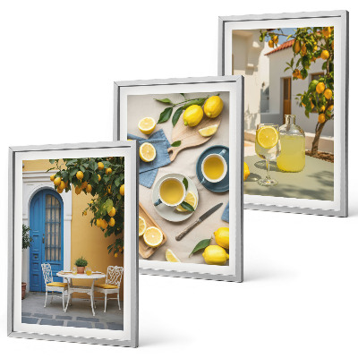 3 paveikslų rinkinys su rėmais Citrinų limonado mėlynos durys